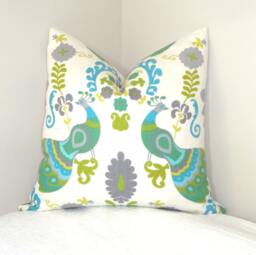 Peacock Pillow Cover, Green Blue Bird Print, 24x24 Throw - thumbnail 1