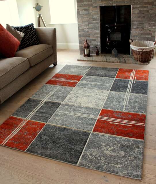 New Burnt Orange Silver Grey Rugs Small Large Mats Modern Blocks Design UK