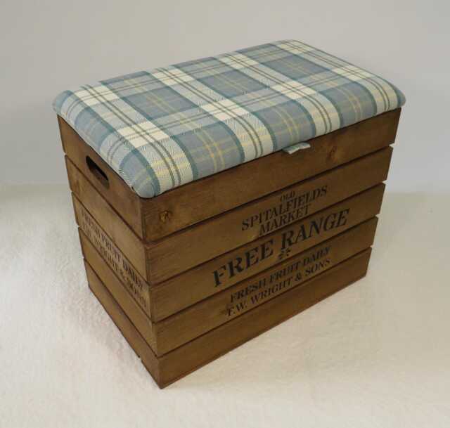 Large Rustic Wooden Storage Crate - Upholstered Check Fabric Lid Seat - image 1