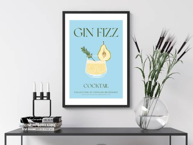 Gin Fizz Cocktail Art Print Poster - Party Signature Drink Sign Trendy Wall Decor Minimalist Elegant Retro Gift A5 A4 A3 - image 1
