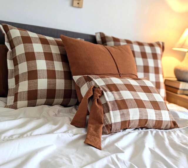 Mocha Brown Gingham Cushion Set Modern Cottage Plaid Terracotta Linen Decor Pillow Handmade UK - image 1