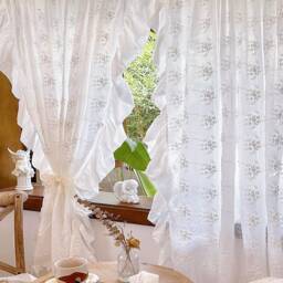 Cotton Semi-Sheer Curtain, French Style White 3D Embroidered Floral Bedroom Drapery With Ruffled Edge - thumbnail 1