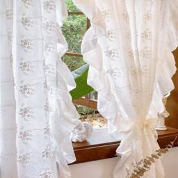 Cotton Semi-Sheer Curtain, French Style White 3D Embroidered Floral Bedroom Drapery With Ruffled Edge - thumbnail 3