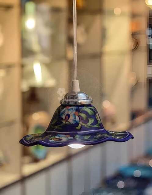 Handmade Blue Pottery Pendant Light Artistic Floral Hanging Lamp - image 1