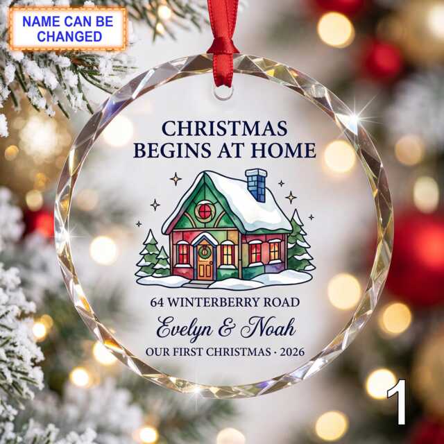 Christmas Begins At Home Glass Ornament, Personalized Red Cottage Keepsake, Custom Family Address Gift With Snowy Trees & Winter Scene - image 1