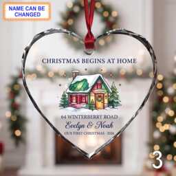 Christmas Begins At Home Glass Ornament, Personalized Red Cottage Keepsake, Custom Family Address Gift With Snowy Trees & Winter Scene - thumbnail 3