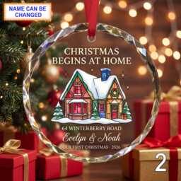 Christmas Begins At Home Glass Ornament, Personalized Red Cottage Keepsake, Custom Family Address Gift With Snowy Trees & Winter Scene - thumbnail 2