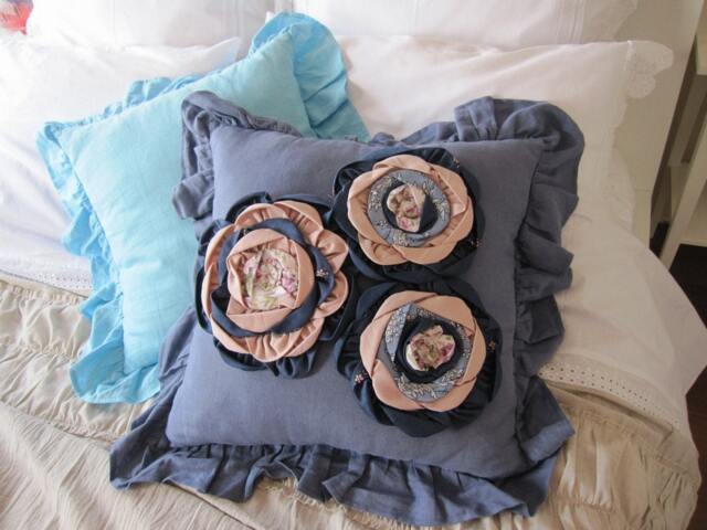 Linen Euro Sham Pillow Cover With Flower Appliques, Shabby Chic Bohemian Bedding - image 1