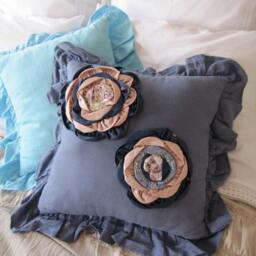 Linen Euro Sham Pillow Cover With Flower Appliques, Shabby Chic Bohemian Bedding - thumbnail 4