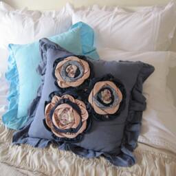Linen Euro Sham Pillow Cover With Flower Appliques, Shabby Chic Bohemian Bedding - thumbnail 3