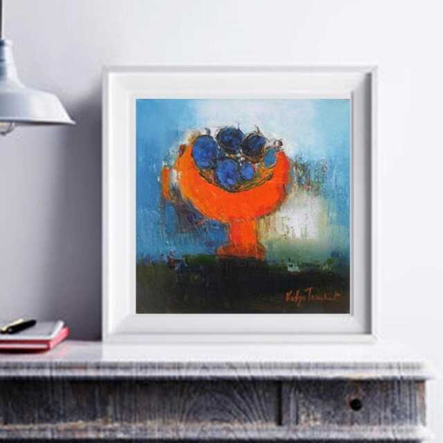Abstract Fruit Bowl Art Print Turquoise, Blue & Orange Still Life - image 1