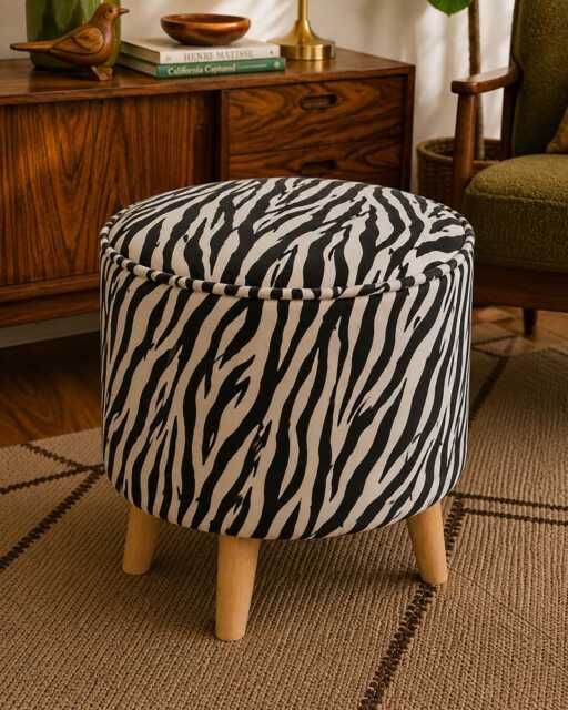 Upholstered Ottoman Round Hidden Storage Footstool - Art Deco Zebra Animal Print - image 1