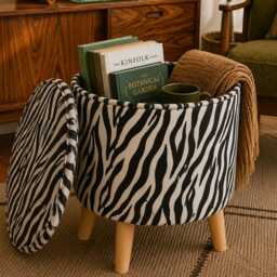 Upholstered Ottoman Round Hidden Storage Footstool - Art Deco Zebra Animal Print - thumbnail 2