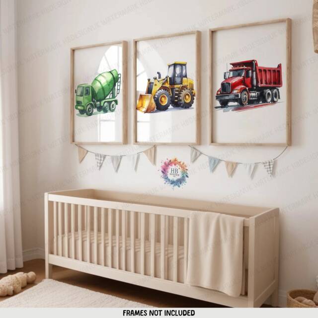 Construction Vehicle Prints - Set Of 3 Kids Nursery Decor - Digger Wall Art Boys Truck Artwork Bedroom Print Watercolour Playroom - image 1
