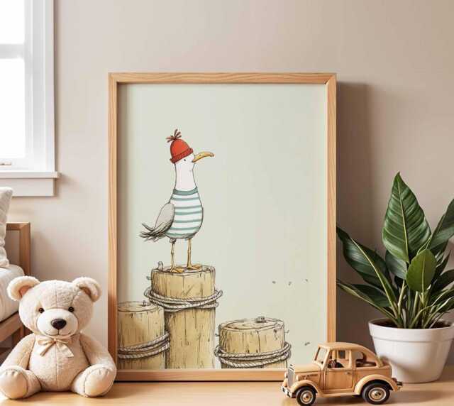 Seagull Nursery Poster, Coastal Kids Wall Art, Baby Room Ocean Print, Whimsical Bird Illustration, Nautical Playroom Decor - image 1