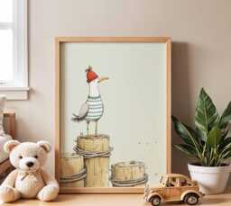 Seagull Nursery Poster, Coastal Kids Wall Art, Baby Room Ocean Print, Whimsical Bird Illustration, Nautical Playroom Decor - thumbnail 1