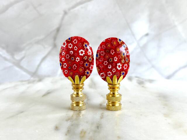 Millefiori Glass Lamp Finials On Brass Hardware - A Matching Pair Venetian Style in Red With Colorful Flowers - image 1