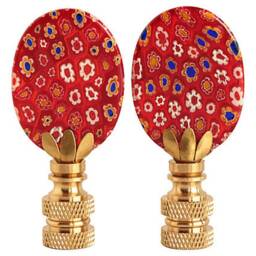 Millefiori Glass Lamp Finials On Brass Hardware - A Matching Pair Venetian Style in Red With Colorful Flowers - thumbnail 3
