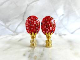 Millefiori Glass Lamp Finials On Brass Hardware - A Matching Pair Venetian Style in Red With Colorful Flowers - thumbnail 1