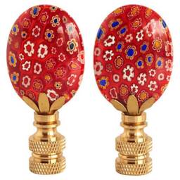 Millefiori Glass Lamp Finials On Brass Hardware - A Matching Pair Venetian Style in Red With Colorful Flowers - thumbnail 2
