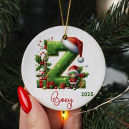 First Christmas Letter Ornament With Name & Initial - Personalised Elf Santa Hat Decoration Ornament For Tree2025 - thumbnail 3