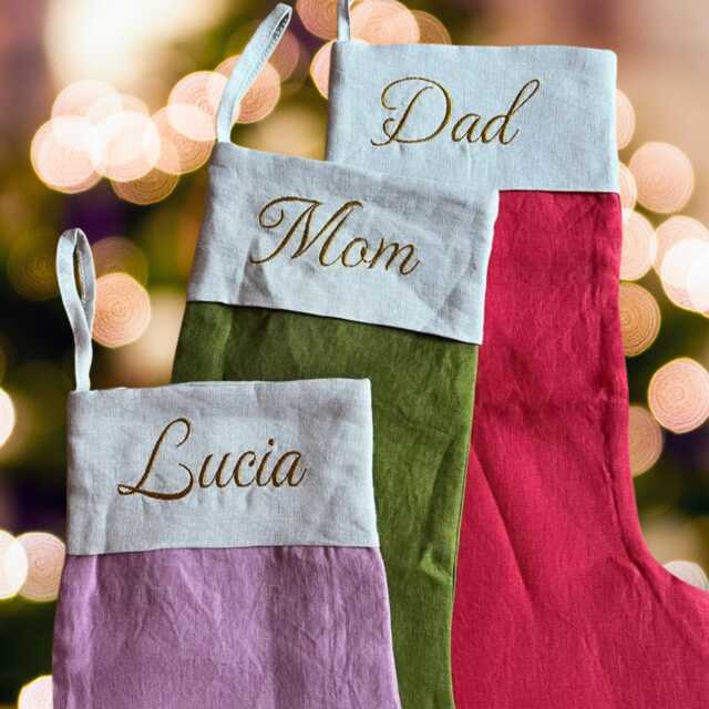 Custom Christmas Linen Stocking With Cuff, Handmade Personalized Stocking, Embroidered Family Name Modern Gift - image 1