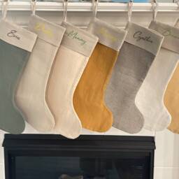 Custom Christmas Linen Stocking With Cuff, Handmade Personalized Stocking, Embroidered Family Name Modern Gift - thumbnail 3
