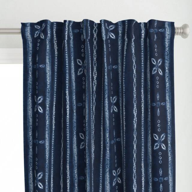 Indigo Batik Curtain Panel - Floral Stripes Tropical Shibori Blue & White Custom By Lolahstudio - image 1
