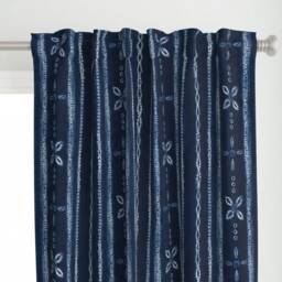 Indigo Batik Curtain Panel - Floral Stripes Tropical Shibori Blue & White Custom By Lolahstudio - thumbnail 1