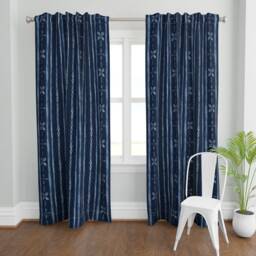 Indigo Batik Curtain Panel - Floral Stripes Tropical Shibori Blue & White Custom By Lolahstudio - thumbnail 2
