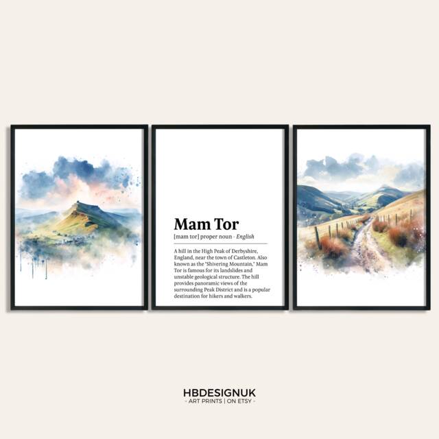 Mam Tor Poster Set - Of 3 Prints - Watercolour Peak District Print Wall Hanging Decor Art Castleton Walking Gifts Artwork - image 1