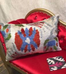 Ethnic Ikat Velvet Pillow Cover For Sofas, Chairs - Floral Double Faced Pattern Cushion - thumbnail 1