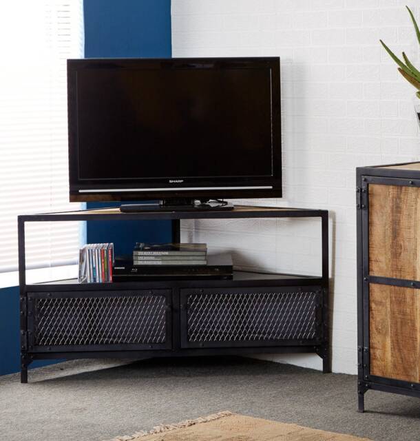 Rustic Industrial Solid Wood & Metal 2 Drawers With Shelf Ellen Corner Stand Tv Media Unit Living Room Bedroom - image 1