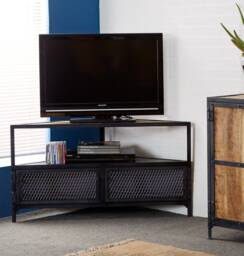 Rustic Industrial Solid Wood & Metal 2 Drawers With Shelf Ellen Corner Stand Tv Media Unit Living Room Bedroom - thumbnail 1