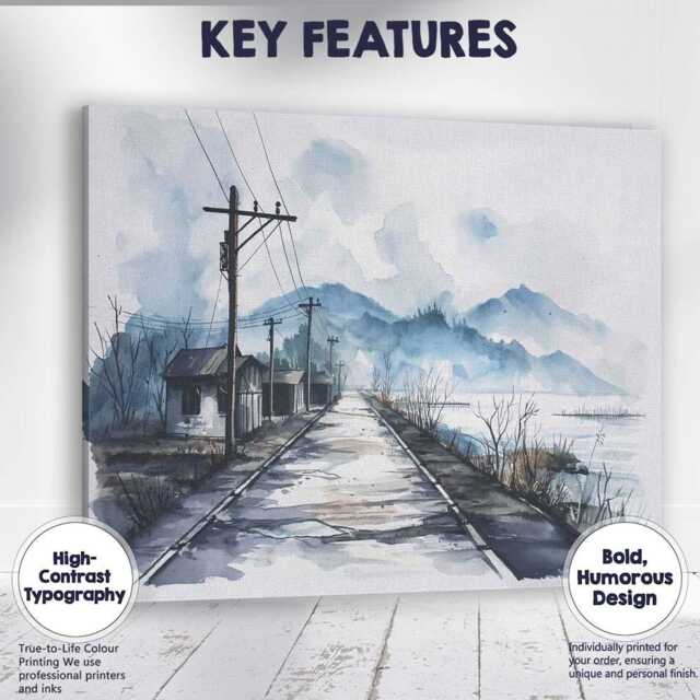 Rustic Lakeside Road Watercolour Village Landscape Canvas Wall Art Print Decor Picture Ready To Hang - image 1