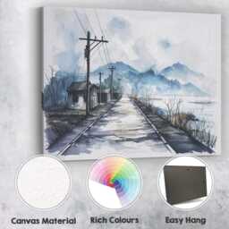 Rustic Lakeside Road Watercolour Village Landscape Canvas Wall Art Print Decor Picture Ready To Hang - thumbnail 2