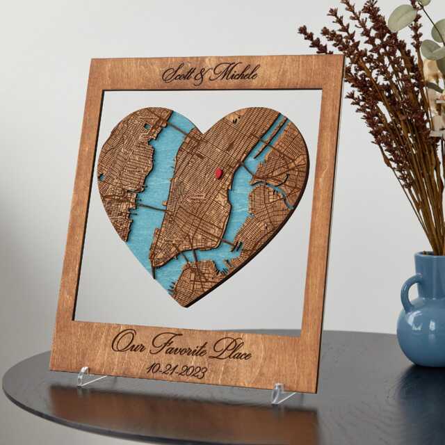 Anniversary Location Map, Custom Coordinates Heart, Wooden Couple Keepsake Wall Art - image 1