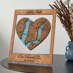 Anniversary Location Map, Custom Coordinates Heart, Wooden Couple Keepsake Wall Art - thumbnail 1