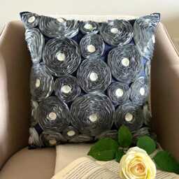 "Gray Art Silk Ribbon Embroidered Rose Decorative Throw Pillow Cover, 16""x16" - thumbnail 1