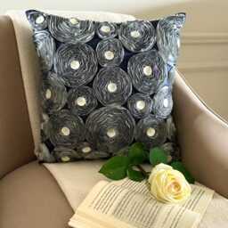 "Gray Art Silk Ribbon Embroidered Rose Decorative Throw Pillow Cover, 16""x16" - thumbnail 3