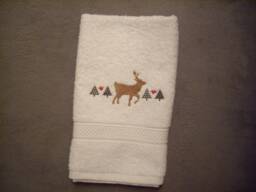 Towel - Guest Towel White Terry Cloth Embroidered With A Christmas Deer & Fir Trees - thumbnail 1