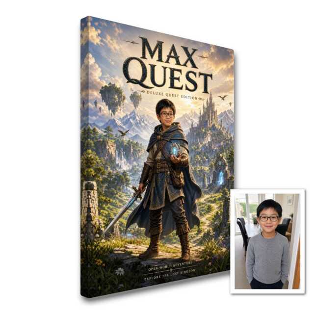Personalised Fantasy Game Cover Canvas From Photo, Custom Title Open World Rpg Wall Art, Gamer Room Decor Birthday Gift Idea - image 1