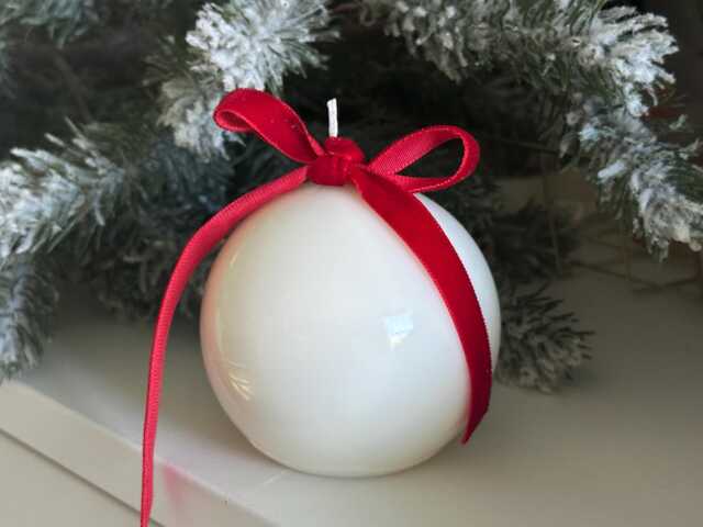 Shiny White Christmas Candle With Velvet Ribbon Holiday Decor - image 1