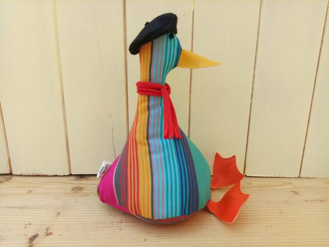 Cool Canard Doorstop/Bookend. Fabric Duck Doorstop. Bright Stripes. Funny Doorstops. Animal House Warming Gift. Basque. French - image 1