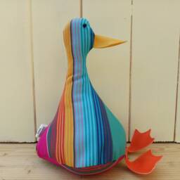 Cool Canard Doorstop/Bookend. Fabric Duck Doorstop. Bright Stripes. Funny Doorstops. Animal House Warming Gift. Basque. French - thumbnail 2