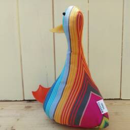Cool Canard Doorstop/Bookend. Fabric Duck Doorstop. Bright Stripes. Funny Doorstops. Animal House Warming Gift. Basque. French - thumbnail 3