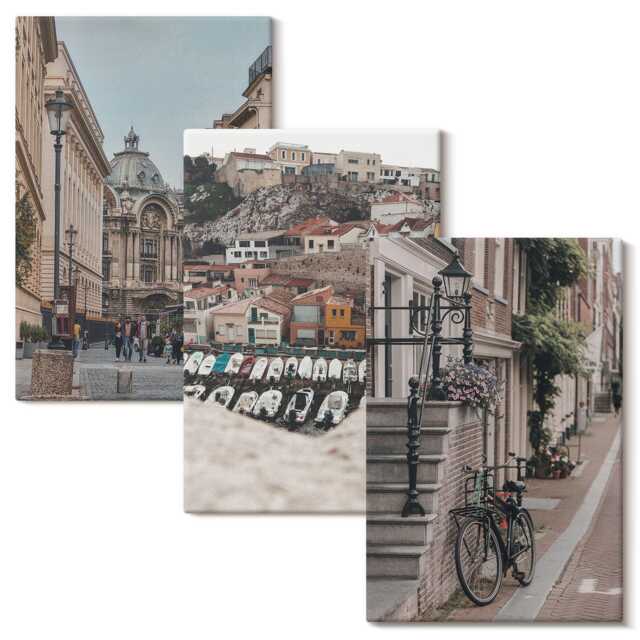 Canvas Wall Art Set Of 3 - Charming City Streets With Views The Port & Buildings, Gray Photo Print, Travels Decor - image 1