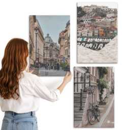Canvas Wall Art Set Of 3 - Charming City Streets With Views The Port & Buildings, Gray Photo Print, Travels Decor - thumbnail 2