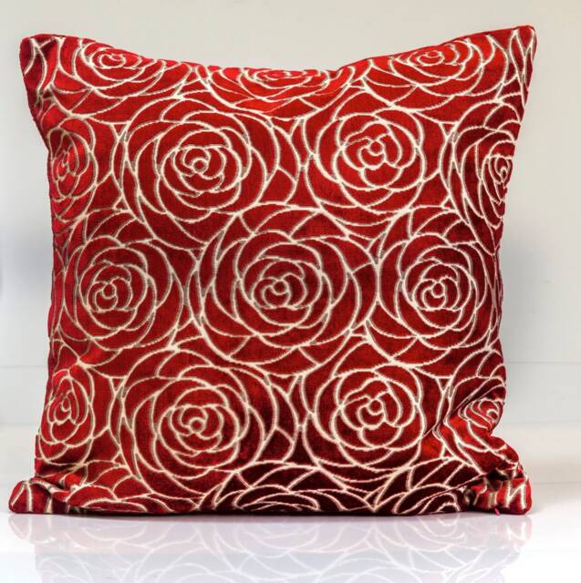 Red Velvet Throw Pillow, Rose Bud Design, Garnet Accent Pillow - 22x22 - image 1