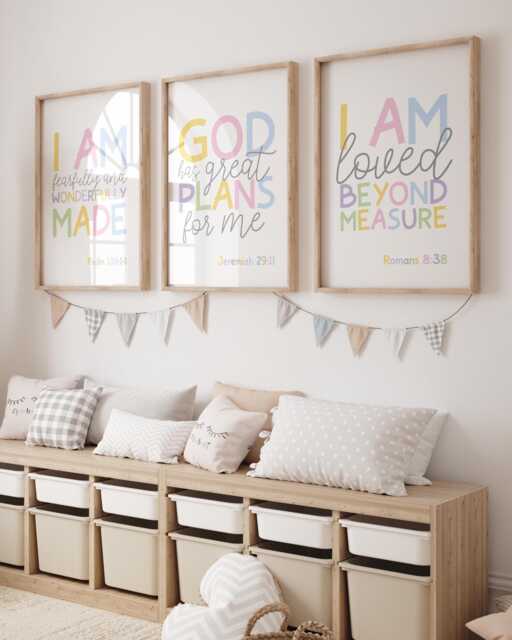 Set Of 3 Christian Nursery Prints, Wall Art, Girls Decor, Toddler Bedroom, Pastel Colours, Fearfully & Wonderfully Made - image 1